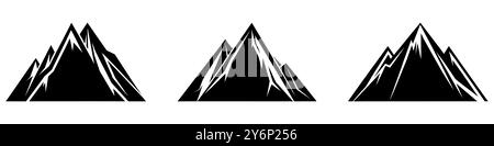 Bergsymbole eingestellt. Schwarze Grafik-Ikone einer majestätischen Bergkette mit hoch aufragenden Gipfeln. Vektorabbildung Stock Vektor