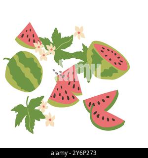 Hand gezeichnete flache Vektor-Illustration von Wassermelone. Abstraktes modernes Muster mit tropischen Früchten. Wassermelone ganz, Scheiben und Blumen, Blätter in Retro-Farben. Stock Vektor