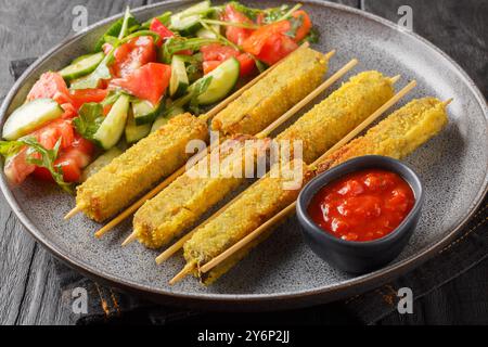 Köstliche gebratene Auberginen-Sticks mit Käse, serviert mit Gemüsesalat und Tomatensauce, Nahaufnahme auf Teller auf Holztisch. Horizontal Stockfoto