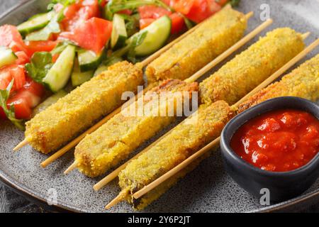 Vegetarische gebratene Auberginen-Sticks, serviert mit Gemüsesalat und Tomatensauce in Nahaufnahme auf einem Teller auf einem Tisch. Horizontal Stockfoto