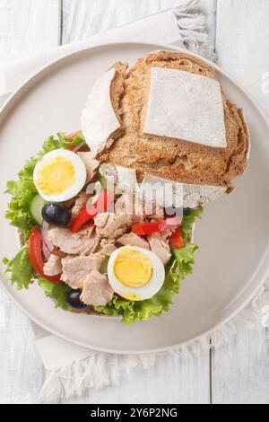 Pan Bagnat ist ein Sandwich mit Salat Nicoise, bestehend aus rohem Gemüse, hart gekochten Eiern, Sardellen und Thunfisch aus der Nähe auf dem Teller auf dem Holztisch. Stockfoto