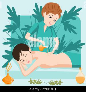 Aromatherapie-Massage. Therapie und Behandlung durch den professionellen Therapeuten im SPA. Abbildung isolierter flacher Vektor. Ethnische Zugehörigkeit Europas. Stock Vektor