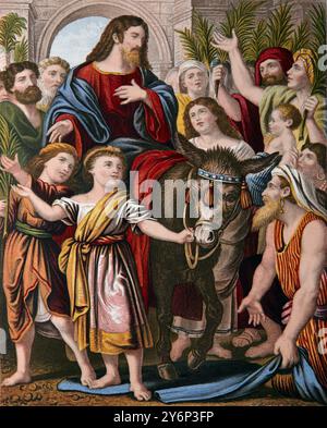 Illustration Einzug Jesu nach Jerusalem mit Gefolgsleuten, die Tücher nehmen und auf den Boden legen, damit der Esel von Th aus auf ihm gehen kann (Evangelium) Stockfoto