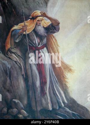 Illustration von Moses auf dem Berg Sinai, der das Wort Gottes aus dem antiken Buch Moses aus dem 19. Jahrhundert hört, erzählt von Catherine Shaw Stockfoto
