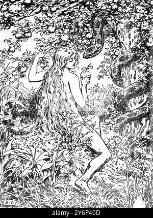Illustration der Versuchung von Eva im Garten Eden aus dem antiken Buch Moses aus dem 19. Jahrhundert Bibelgeschichten von Catherine Shaw Stockfoto