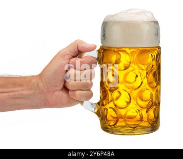 Oktoberfest in München eine Hand hält einen Maßkrug Bier vom Oktoberfest in München als Freisteller *** Oktoberfest in München Eine Hand mit einem Becher Stockfoto