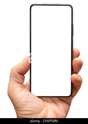 Nahaufnahme einer Hand, die ein modernes Smartphone mit einem leeren weißen Bildschirm hält, perfekt für die Präsentation von App-Designs oder Werbung. Stockfoto