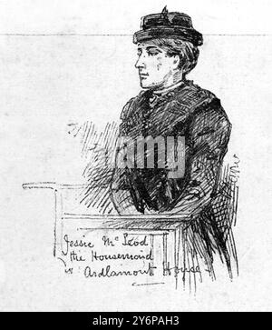 Der Fall Ardlamont - Szene vor dem High Court of Justiciary. Edinburgh: Jessie McLeod, das Hausmädchen im Ardlamont House der Ardlamont-Mord (auch bekannt als Ardlamont-Mystery und der Monson-Fall[1]), der am 10. August 1893 in Argyll, Schottland, stattfand, führte zu zwei hochkarätigen Gerichtsverfahren: Einem Mordprozess in Edinburgh (HM Advocate gegen Monson) und einem Diffamierungsverfahren in London (Monson gegen Tussauds Ltd) im folgenden Jahr. Alfred John Monson erhielt in seinem High Court of Justiciary Prozess für den Mord an Cecil Hambrough das schottische Urteil „nicht bewiesen“. Dann, 1894, verklagte er Stockfoto