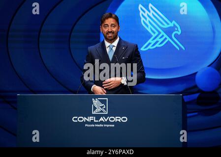 Rom, Italien. September 2024. Roberto Capobianco, presidente di Conflavoro, spricht während der Nationalversammlung von Conflavoro 2024 im Eliseo Theater in Rom. Quelle: SOPA Images Limited/Alamy Live News Stockfoto