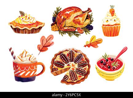 Comic Thanksgiving Day Elemente. Fröhliche Herbstferien mit der Familie, traditionelles Essen, Erntefest, Kürbisse, truthahn und Kuchen, pilgermütze und Ernte Stock Vektor