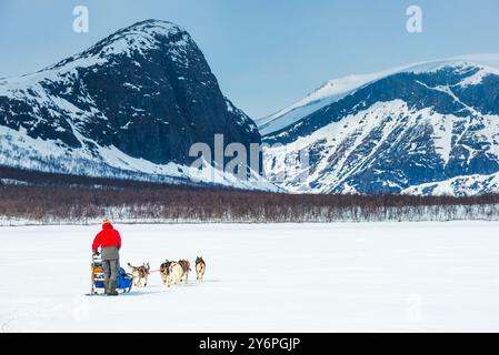 Eine Person führt ein Team von Hunden auf einem Schlitten durch die weite, schneebedeckte Weite des Sarek-Nationalparks, umgeben von hohen Bergen und einem klaren bl Stockfoto