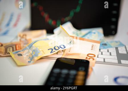 Haushaltskonten. Euro-Banknote. Finanzergebnisse. Stockfoto