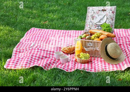 Picknick-Korb mit köstlichen Speisen, Getränken und Geschirr auf karierter Decke im Freien Stockfoto