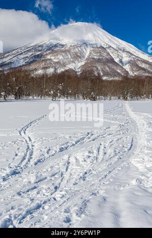 Spuren, die zum schneebedeckten Berg Yotei bei Niseko, Hokkaido, Japan führen Stockfoto