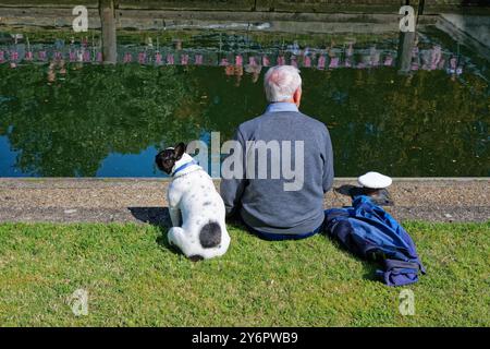 Rückansicht eines älteren Mannes mit seinem Hund, der am Fluss am Penton Hook Lock Laleham sitzt, an einem sonnigen Sommertag Surrey England UK Stockfoto