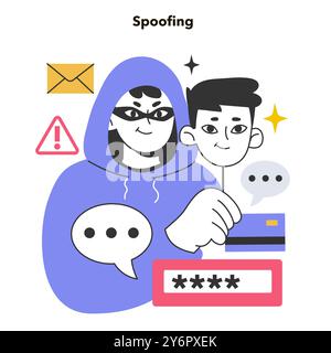 Spoofing-Angriff. Betrüger geben vor, jemand oder etwas anderes zu sein, um Vertrauen zu gewinnen. Hacker erhalten Zugriff auf das System, stehlen Daten oder verbreiten Malware. Illustration des flachen Vektors Stock Vektor