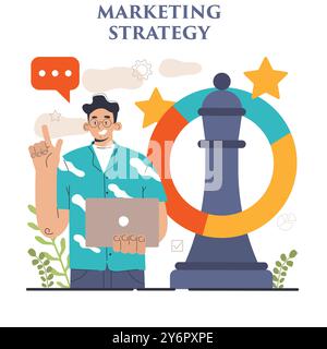 Entwicklung von Marketingstrategien. Marketingkampagne, Einleitung kommerzieller Projekte und Werbung. Spezialist für Marketingstrategien für die Geschäftsentwicklung. Illustration des flachen Vektors Stock Vektor