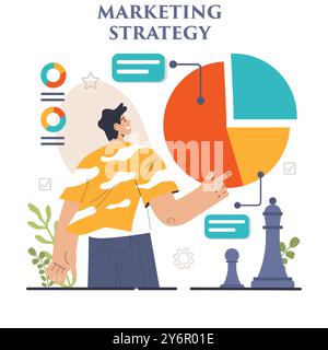 Entwicklung von Marketingstrategien. Marketingkampagne, Einleitung kommerzieller Projekte und Werbung. Spezialist für Marketingstrategien für die Geschäftsentwicklung. Illustration des flachen Vektors Stock Vektor