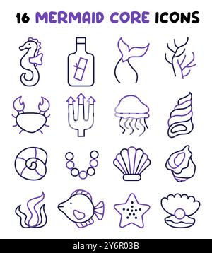 Symbole für Meerjungfrau festgelegt. Magische Unterwasserwelt, Muscheln, Seesterne, Korallen und Algen. Unterwasser-Feen Meereselemente und Meeresbewohner. Illustration des flachen Vektors Stock Vektor