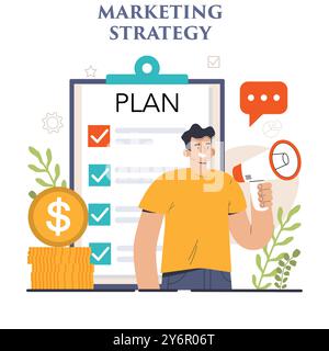 Entwicklung von Marketingstrategien. Marketingkampagne, Einleitung kommerzieller Projekte und Werbung. Spezialist für Marketingstrategien für die Geschäftsentwicklung. Illustration des flachen Vektors Stock Vektor