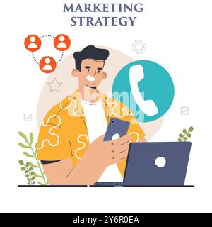 Entwicklung von Marketingstrategien. Marketingkampagne, Einleitung kommerzieller Projekte und Werbung. Spezialist für Marketingstrategien für die Geschäftsentwicklung. Illustration des flachen Vektors Stock Vektor
