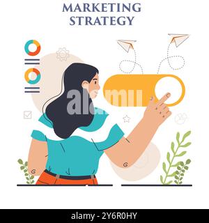 Entwicklung von Marketingstrategien. Marketingkampagne, Einleitung kommerzieller Projekte und Werbung. Spezialist für Marketingstrategien für die Geschäftsentwicklung. Illustration des flachen Vektors Stock Vektor