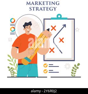 Entwicklung von Marketingstrategien. Marketingkampagne, Einleitung kommerzieller Projekte und Werbung. Spezialist für Marketingstrategien für die Geschäftsentwicklung. Illustration des flachen Vektors Stock Vektor