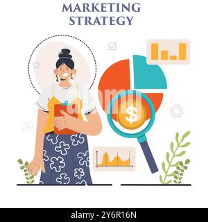 Entwicklung von Marketingstrategien. Marketingkampagne, Einleitung kommerzieller Projekte und Werbung. Spezialist für Marketingstrategien für die Geschäftsentwicklung. Illustration des flachen Vektors Stock Vektor