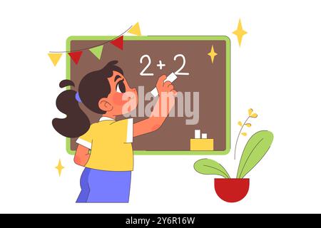 Zurück zur Schule. Kinder, die Schulfächer erforschen. Glückliches Mädchen, das an der Tafel Mathematik macht. MINT-Ausbildung. Multidisziplinäres Studium, akademisches Wissen gewinnen. Illustration des flachen Vektors Stock Vektor