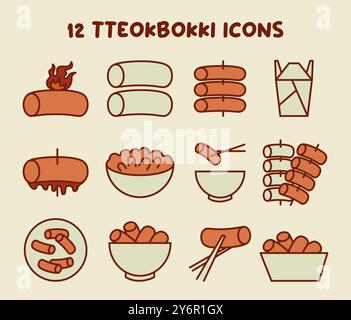 Tteokbokki Symbole gesetzt. Traditionelles asiatisches Street Food. Koreanische Reiskuchen mit Rührbraten. Gewürzt mit heißer Chilipaste. Tteokbokki-Gerichte. Illustration des flachen Vektors Stock Vektor