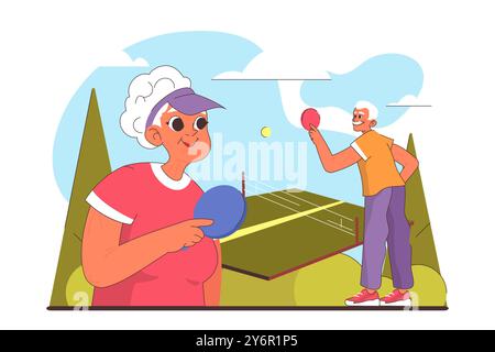 Gesunder und aktiver Lebensstil. Ältere weibliche und männliche Charaktere mögen es draußen zu sein, Tischtennis zu spielen oder Pingpongs im Stadtpark zu spielen. Sommerurlaub. Illustration des flachen Vektors Stock Vektor