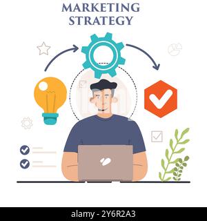Entwicklung von Marketingstrategien. Marketingkampagne, Einleitung kommerzieller Projekte und Werbung. Spezialist für Marketingstrategien für die Geschäftsentwicklung. Illustration des flachen Vektors Stock Vektor