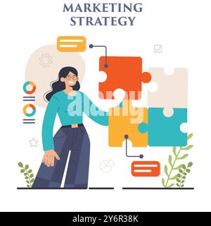Entwicklung von Marketingstrategien. Marketingkampagne, Einleitung kommerzieller Projekte und Werbung. Spezialist für Marketingstrategien für die Geschäftsentwicklung. Illustration des flachen Vektors Stock Vektor