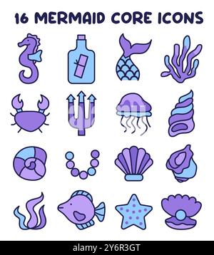 Symbole für Meerjungfrau festgelegt. Magische Unterwasserwelt, Muscheln, Seesterne, Korallen und Algen. Unterwasser-Feen Meereselemente und Meeresbewohner. Illustration des flachen Vektors Stock Vektor