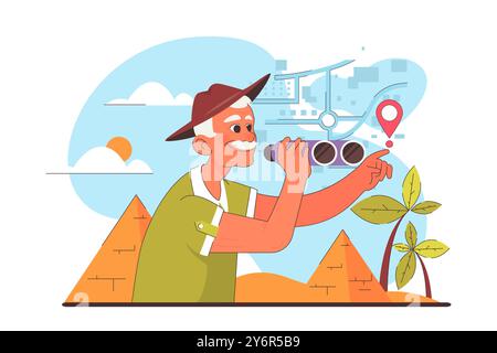 Gesunder und aktiver Lebensstil. Alter Mann auf Reisen. Glücklicher Großvater, der Ägyptenpyramiden beobachtet. Pensionierter Mann in seinen Sommerferien. Illustration des flachen Vektors Stock Vektor