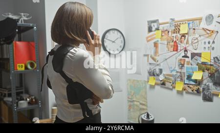 Eine Frau telefoniert im Büro eines Detektivs, umgeben von Ermittlungsbeweisen, Karten und einer Uhr. Stockfoto