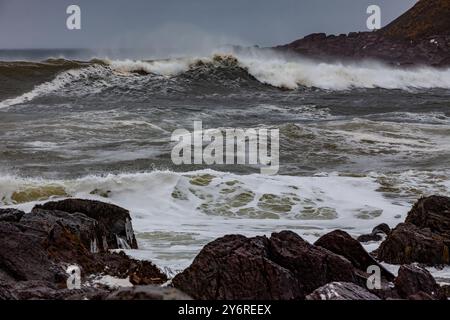 Im Winter krachen mächtige Wellen auf das Ufer von St. Bride's, Neufundland Stockfoto
