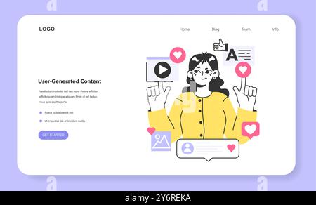 Webbanner oder Landing-Page für UGC oder benutzergenerierte Inhalte. Content-Marketing. Kommunikation und Werbung in sozialen Medien. Charaktere, die Inhalte in sozialen Medien oder auf Websites erstellen. Illustration des flachen Vektors Stock Vektor