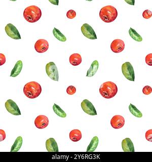 Blaubeerbeeren mit nahtlosem Muster und grünen Blättern. Botanische Illustration von Aquarellen handgezeichneter Zweig mit Preiselbeeren. Stockfoto