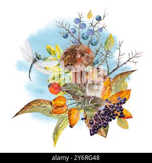 Aquarellillustration schöne Herbstkomposition mit Beeren, Herbstblumen, Pilzen und Insekten. Handgezeichnete Herbstkomposition mit Pflanzen, m Stockfoto