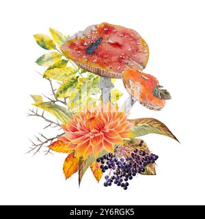 Aquarellillustration schöne Herbstkomposition mit Beeren, Herbstblumen, Pilzen und Insekten. Handgezeichnete Herbstkomposition mit Pflanzen, m Stockfoto