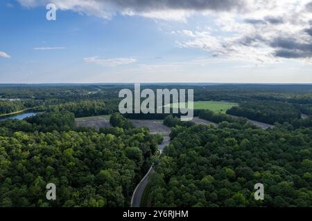 Ein üppig grüner Wald mit einer Straße, die durch ihn führt. Der Himmel ist blau mit ein paar Wolken. Richmond, USA Stockfoto