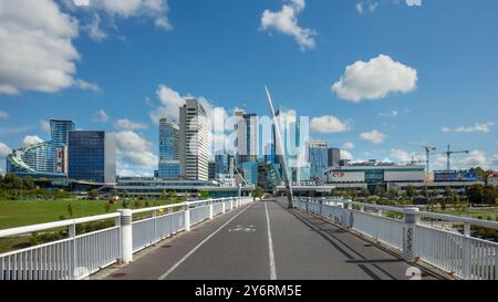 Moderne Skyline von Vilnius von einer Brücke mit Wolkenkratzern, Bürogebäuden und den Grünflächen der Stadt. Vilnius, Litauen Stockfoto