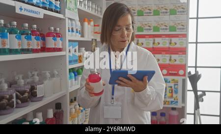 Eine Apothekerin mittleren Alters untersucht Medikamente mit einer Tablette in einem modernen Drogeriemarkt-Innenraum. Stockfoto