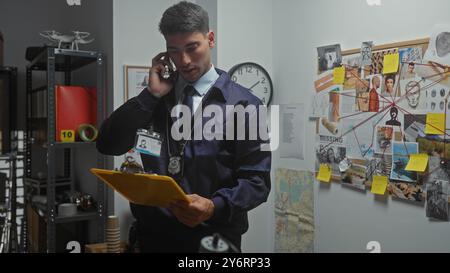Gutaussehender hispanischer Detektivmann Multitasking mit Telefon und Zwischenablage in einem Beweisraum Stockfoto