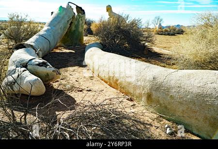 Die verlassenen Dinosaurierruinen aus Beton im Apple Valley, Kalifornien, sind ein faszinierender und unheimlicher Anblick. Diese Dinosaurier wurden in den 1970er Jahren von Lonnie Coffman für einen Minigolfplatz geschaffen, der nie fertiggestellt wurde. Stockfoto