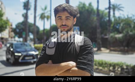 Ein junger bärtiger Mann steht mit überkreuzten Armen auf einer sonnigen Straße, strahlt Vertrauen und Stil aus Stockfoto