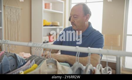 Ein reifer Mann sortiert Kleidung in einem hellen Kleiderschrank Stockfoto