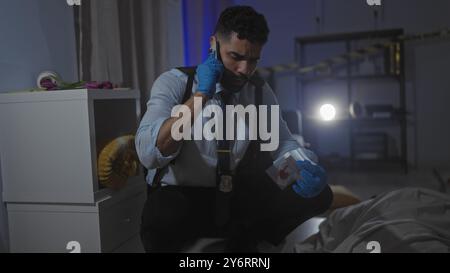 Ein fokussierter spanischer Detective untersucht Beweise, während er am Telefon an einem schwach beleuchteten Tatort drinnen sitzt. Stockfoto