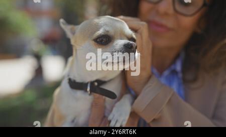Die hispanische Frau mittleren Alters hält ihr Haustier chihuahua liebevoll in einem urbanen Park. Stockfoto